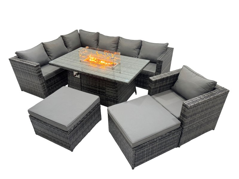 Fimous Rattan Garden Furniture Dining Set 9-seater Gas Firepit Dining Table Corner Sofa Chair Set with 2 Big Stools Dark Grey Mixed