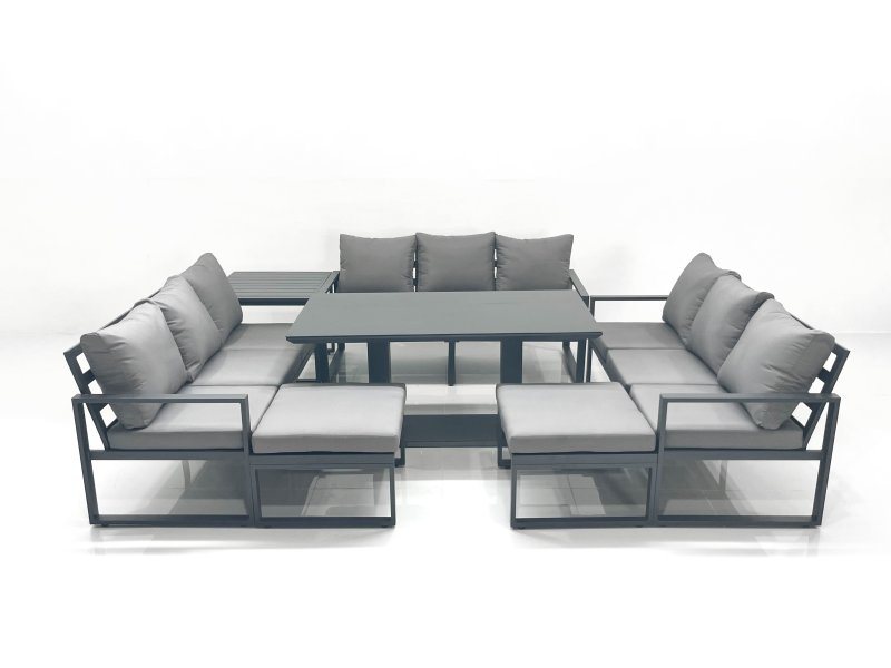 Fimous 11 Seater Garden Sofa Set Aluminium Furniture Rising Dining Tabe Set with Side Table 2 Big Footstools Dark Grey