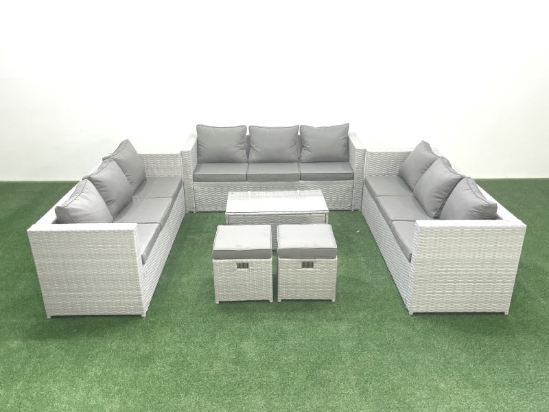 Fimous Rattan Garden Outdoor Furniture Set 11 Seater Garden Sofa Coffee Table Set with 2 Small Footstool Light Grey Mixed