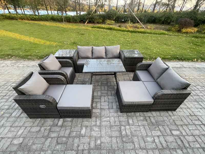 Fimous Outdoor Rattan Garden Furniture Set 9 Seater Patio Lounge Sofa Set with Dining Table 2 Big Footstool 2 Side Tables Dark Grey Mixed
