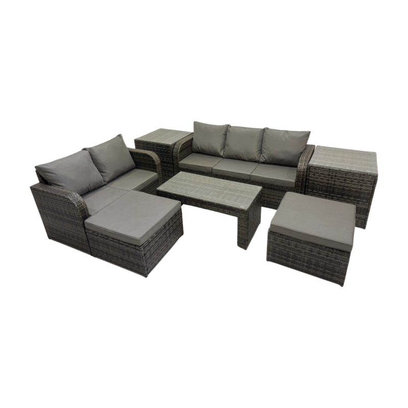 Fimous Rattan Garden Outdoor Furniture Set 3 Seater Sofa Love Sofa Coffee Table with 2 Big Footstools 2 Side Tables Dark Grey Mixed