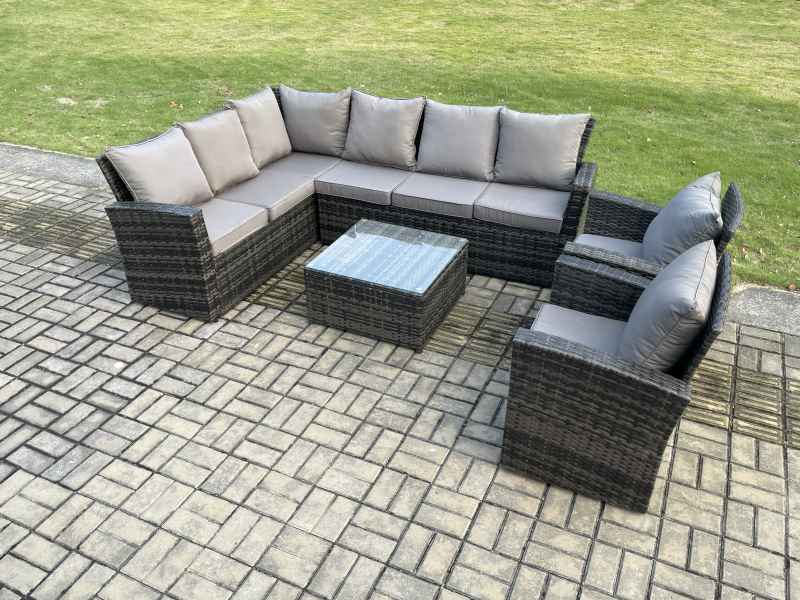 Fimous Rattan Garden Furniture Set Outdoor Lounge Corner Sofa Set With Square Coffee Table 2 Armchairs 8 Seater Dark Grey Mixed