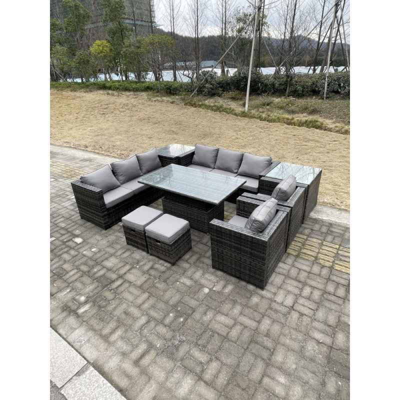 Fimous 9 Seater?Outdoor Rattan Garden Furniture Set Adjustable Rising Lifting Dining Table With Side Table Chairs Stools Dark Grey Mixed