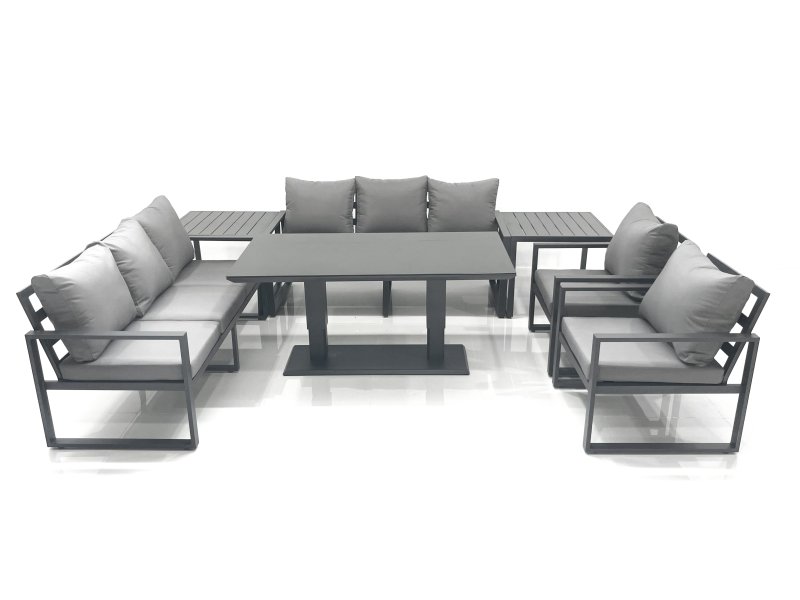 Fimous Garden Sofa Set Aluminium Furniture Rising Dining Tabe Set with 2 Chair 2 Side Tables Dark Grey
