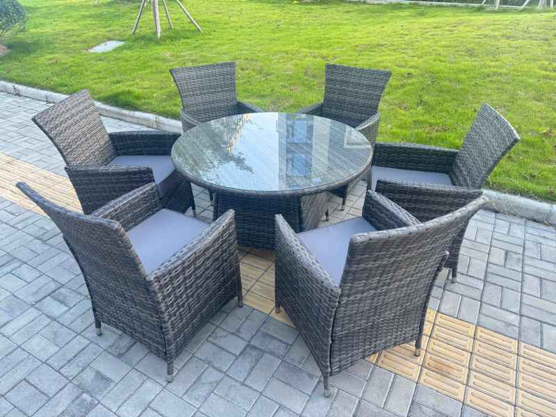 Fimous 7-Piece PE Rattan Garden Furniture 6 Seater Garden Big Round Table and Chairs for Patio Dark Grey Mixed