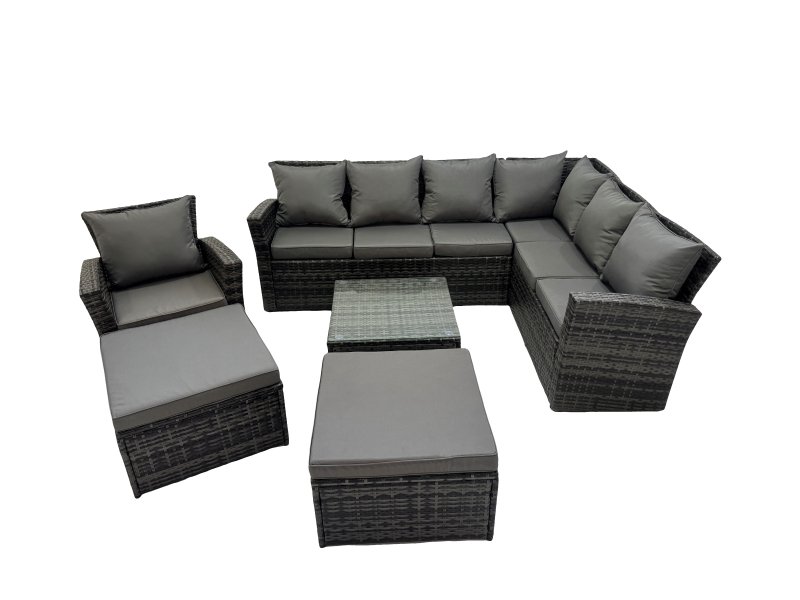 Fimous Rattan Garden Outdoor Furniture Set 9 Seater Garden Sofa Coffee Table Sets with Chair 2 Big Footstools Dark Grey Mixed