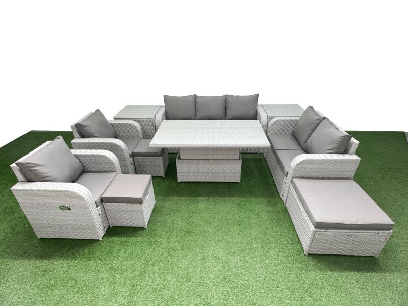 Fimous PE Rattan Garden Furniture Set Reclining Chair Sofa Double Love Seat 2 Seater Sofa Lounge Set Adjustable Lifting Dining or Coffee Table 3 Stools 2 Side Table Light Grey