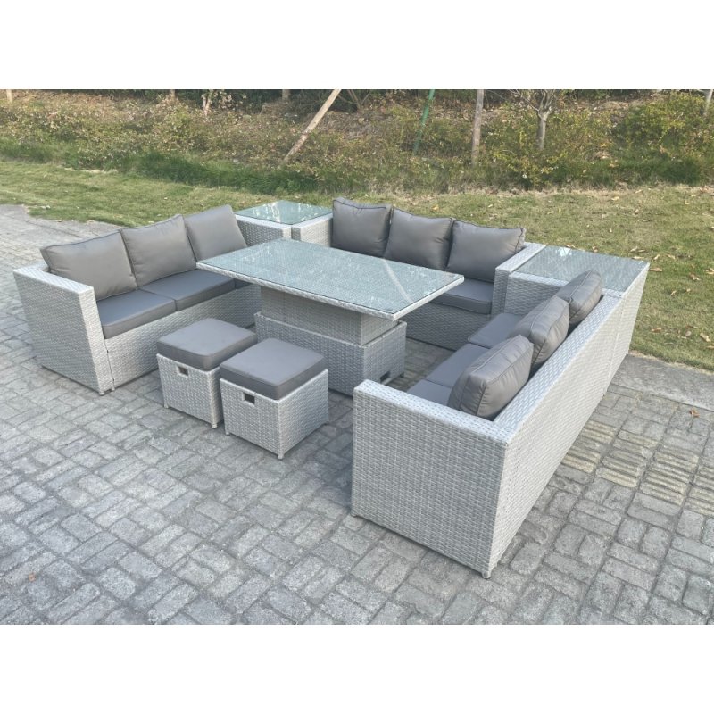 Fimous U Shape Lounge Rattan Garden Furniture Set Adjustable Rising Lifting Table Dining Set With 2 PC Side Coffee Tea Table Stool