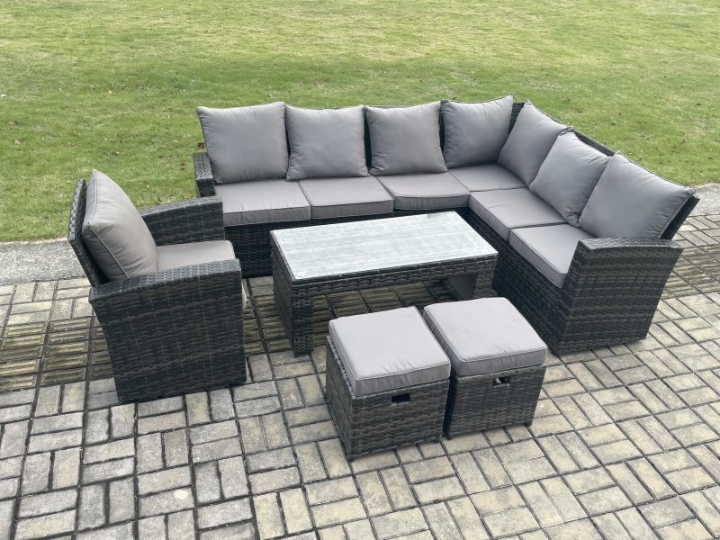 Fimous 9 Seat Rattan Garden Furniture Corner Sofa Set Outdoor Patio Sofa Table Set with 2 Small Footstools Armchair Dark Grey Mixed