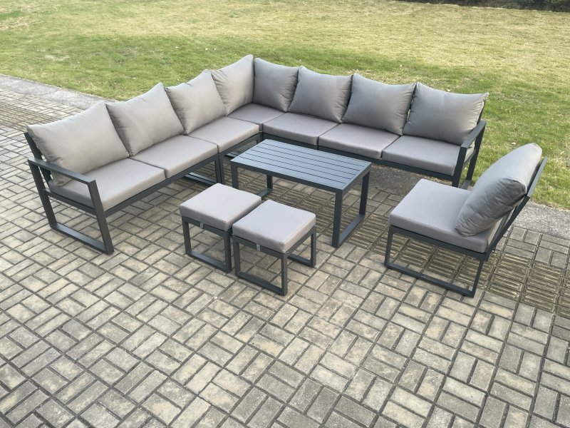 Fimous Aluminium 10 Seater Patio Outdoor Garden Furniture Lounge Corner Sofa Set with Oblong Coffee Table 2 Small Footstools Dark Grey