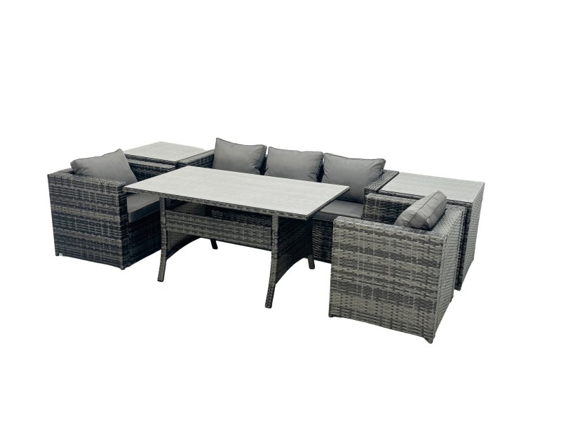 Fimous Outdoor Dining Table Sofa Armchair Set with 2 Side Tables Garden Furniture Set Dark Grey Mixed