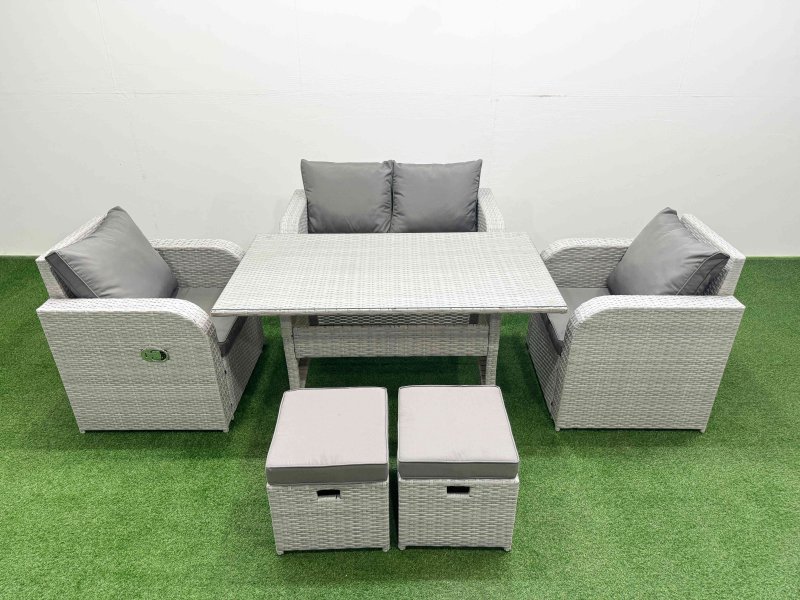 Fimous Light Grey PE Wicker Rattan Garden Furniture Set Sofa Set Reclining Chair Rectangular Dining Table 6 Seater 2 Small Stools