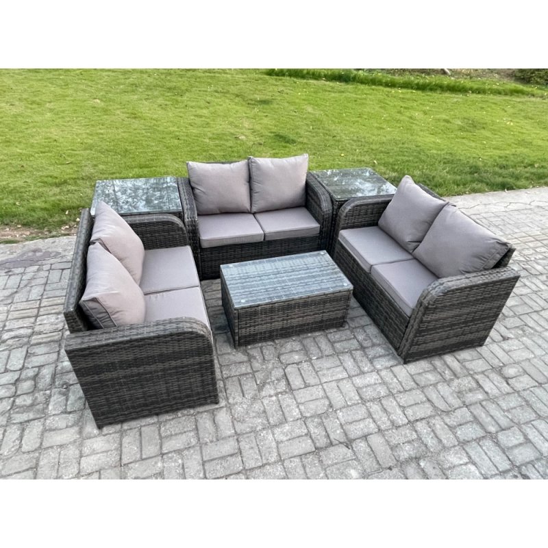 Fimous Outdoor Garden Furniture Sets 6 Seater Wicker Rattan Furniture Sofa Sets with Rectangular Coffee Table Love Sofa 2 Side Tables Dark Grey Mixed