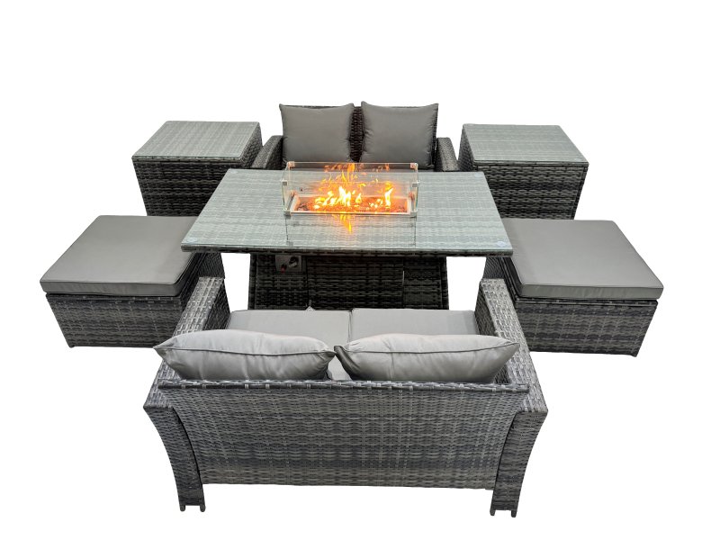Fimous Outdoor Love Sofa Set 6 Seat Rattan Garden Furniture Set with Gas Firpit Dining Table 2 Big Footstools 2 Side Table Dark Grey Mixed