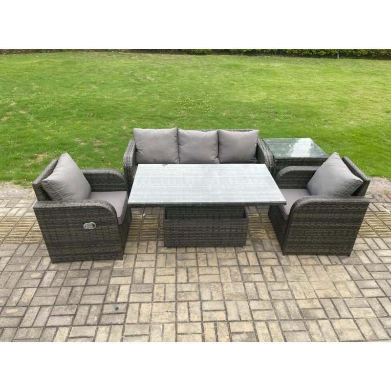 Fimous Wicker PE Rattan Outdoor Garden Furniture Set Height Adjustable Rising lifting Dining Table With Armchair Side Table