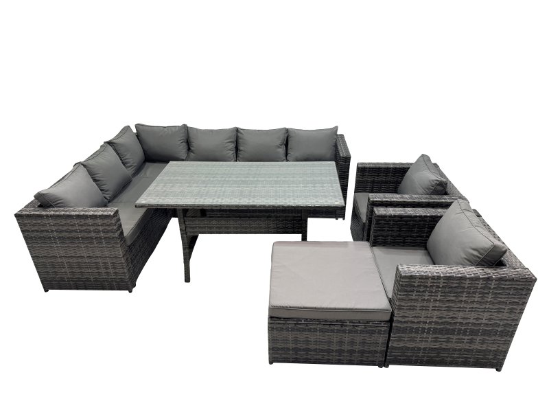Fimous Outdoor PE Rattan Sofa Set with Dining Table Patio Garden Furniture Sets with 2 Chairs Big Stool Dark Grey Mixed
