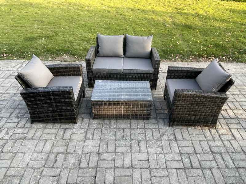 Fimous Outdoor Lounge Sofa Set Wicker PE Rattan Garden Furniture Set with Rectangular Coffee Table Double Seat Sofa Dark Grey Mixed