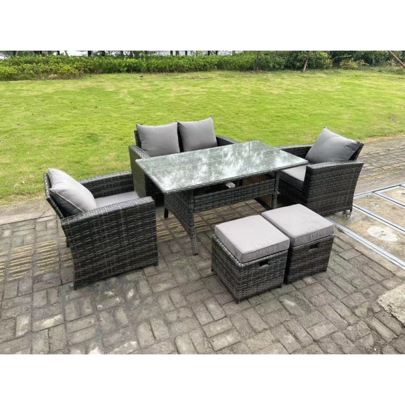 Fimous 6 Seater Outdoor Dark Grey Mixed High Back Rattan Sofa Double Sofa Dining Table Set Garden Furniture Stools