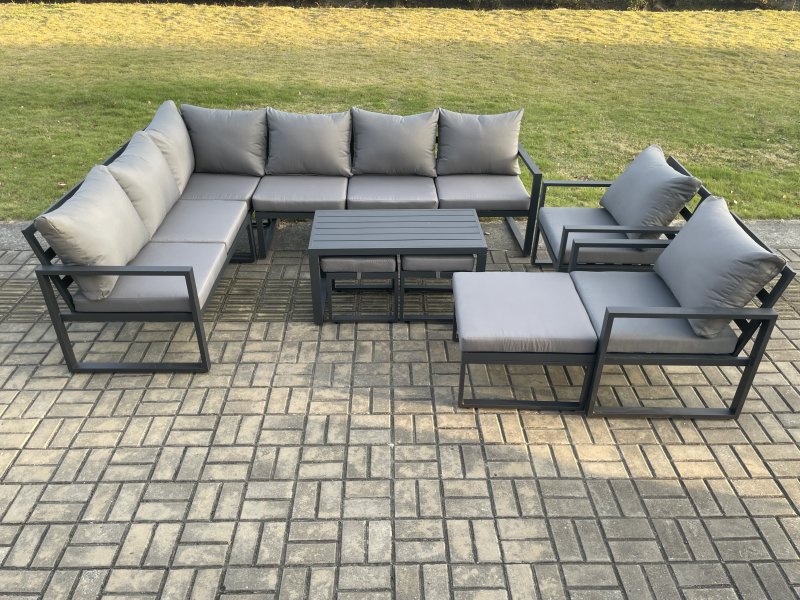 Fimous Aluminum 11 Seater Outdoor Lounge Corner Sofa Set Garden Furniture Sets with Oblong Coffee Table 2 Chairs 3 Footstools Dark Grey