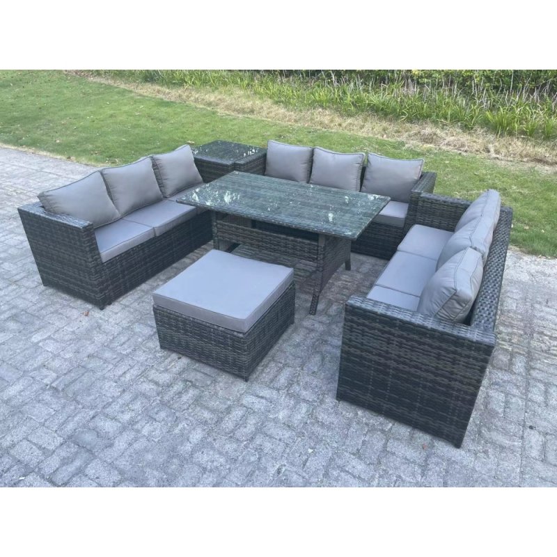 Fimous 10 Seater Outdoor Wicker Garden Furniture Rattan Lounge Sofa Set Patio Rectangular Dining Table with Big Footstool Side Table Dark Grey Mixed