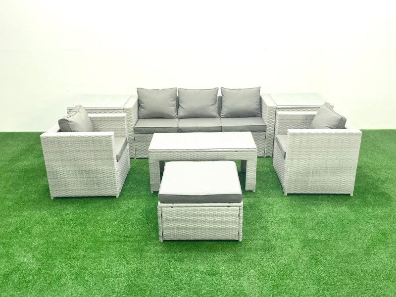 Fimous Rattan Garden Furniture Set 7 Pieces Outdoor Garden Sofa Oblong Coffee Table Set with 2 Chairs 2 Side Tabes Stool Light Grey Mixed