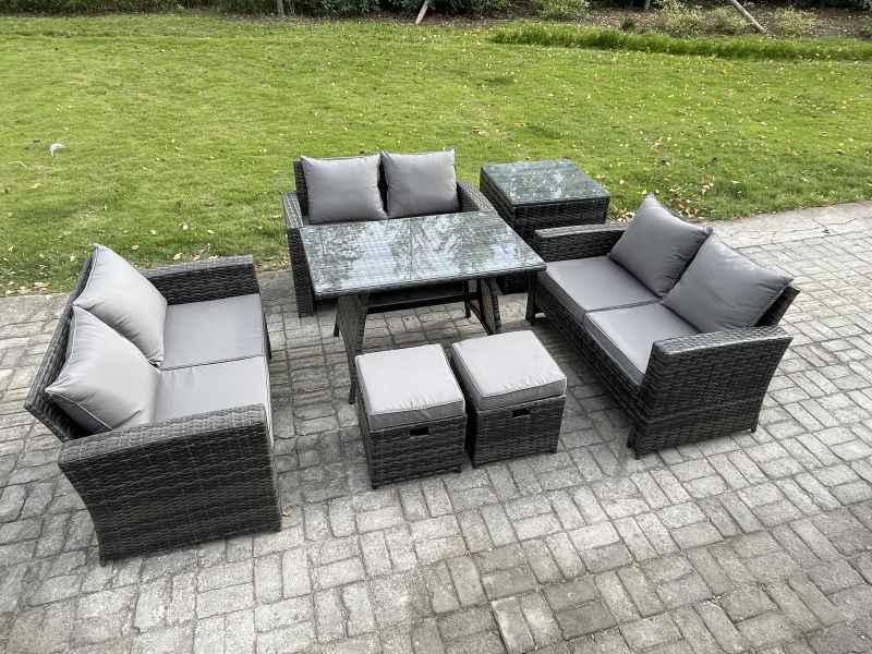 Fimous 7 PCS Outdoor Lounge Sofa Set Wicker PE Rattan Garden Furniture Set with Rectangular Dining Table Love Seat Sofa Side Table 2 Small Footstools Dark Grey Mixed