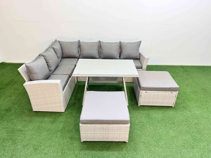Fimous Garden Outdoor Rattan Furniture Set Rattan Corner Sofa Oblong Dining Table Set with 2 Big Footstools Light Grey Mixed 8 Seater