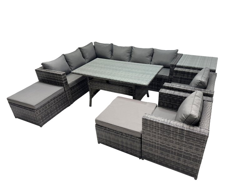 Fimous Outdoor PE Rattan Sofa Set with Dining Table Patio Garden Furniture Sets with 2 Big Stool Side Table Dark Grey Mixed