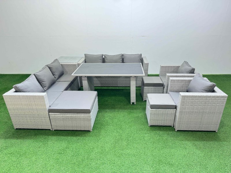 Fimous 11 Seater Wicker PE Rattan Furniture Outdoor Dining Table 3 Seater Sofa Armchair Set with Side Table 3 Stools Light Grey