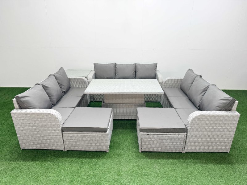Fimous PE Rattan Lounge Sofa Set 11 Seater Outdoor Garden Furniture Set with Adjustable Lifting Dining or Coffee Table 3 Seater Sofa 2 Big Footstools Side Table Light Grey