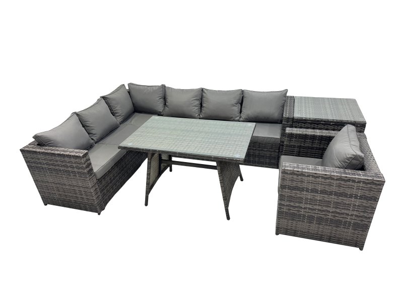 Fimous 7-seater Outdoor PE Rattan Sofa Set with Dining Table Patio Garden Furniture Sets with Chair Side Table Dark Grey Mixed