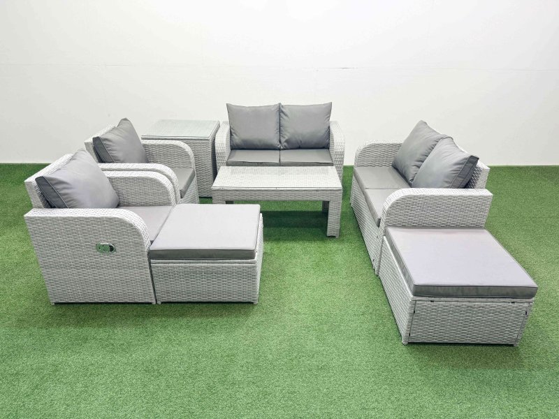 Fimous 8 Seater Outdoor Reclining Chair Love Sofa Set Rattan Garden Furniture Set with Oblong Coffee Table 2 Big FootStools Side Table Light Grey