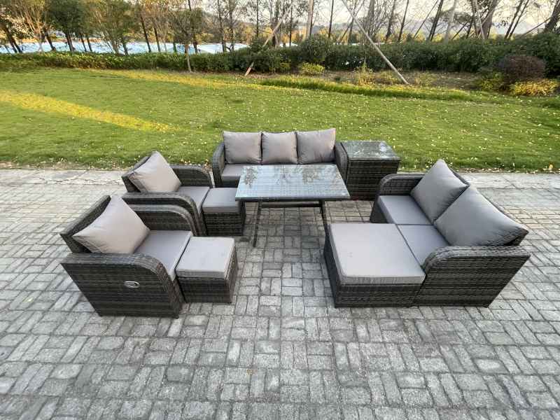 Fimous Outdoor Rattan Garden Furniture Set 10 Seater Patio Lounge Sofa Set with Dining Table 3 Footstools Side Table Dark Grey Mixed