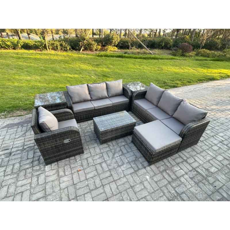 Fimous 8 Seater Rattan Outdoor Garden Furniture Sofa Set Patio Table & Chairs Set with 3 Seater Sofa Reclining Chair 3 Seater Sofa 2 Side Tables Big Footstool Dark Grey Mixed