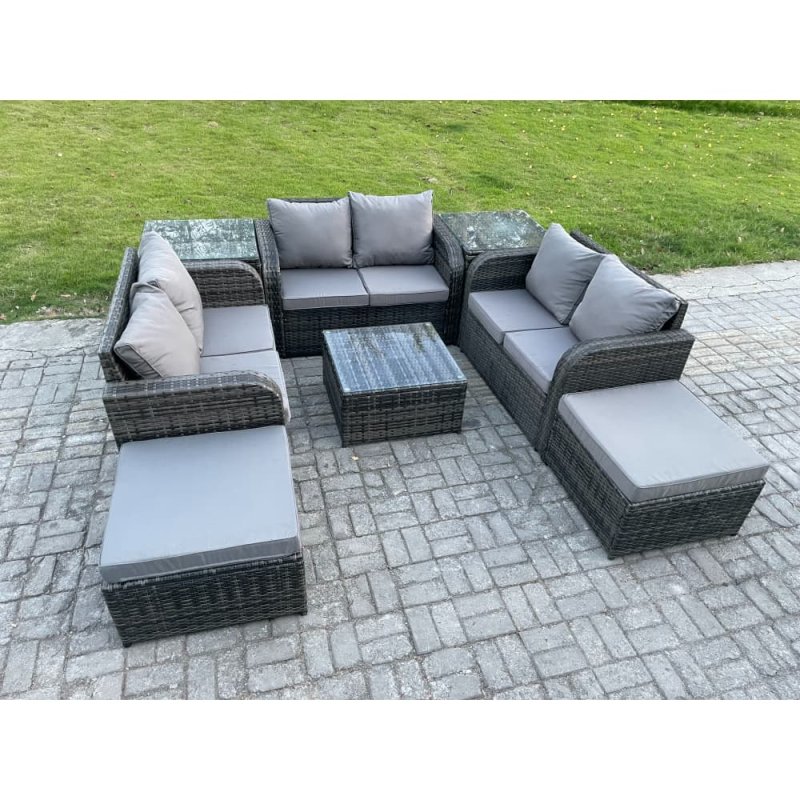 Fimous 8 Seater Outdoor Garden Furniture Sets Wicker Rattan Furniture Sofa Sets with Square Coffee Table Love seat Sofa 2 Big Footstool 2 Side Tables
