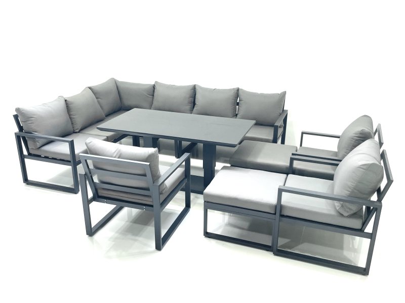 Fimous Aluminum Outdoor Garden Furniture Set Corner Sofa 3 Chair 2 Big Footstools Adjustable Rising Lifting Dining Table Sets Dark Grey
