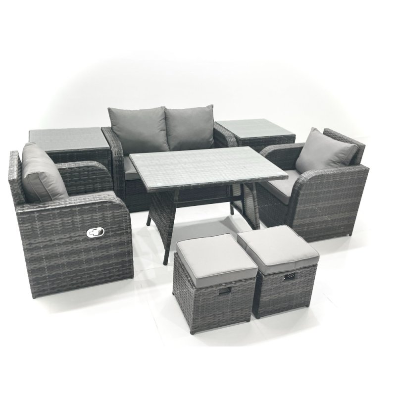 Fimous Outdoor Garden Furniture Set Rattan Sofa Dining Table Set with Reclining Chair 2 Small Footstool 2 Side Table Dark Grey Mixed