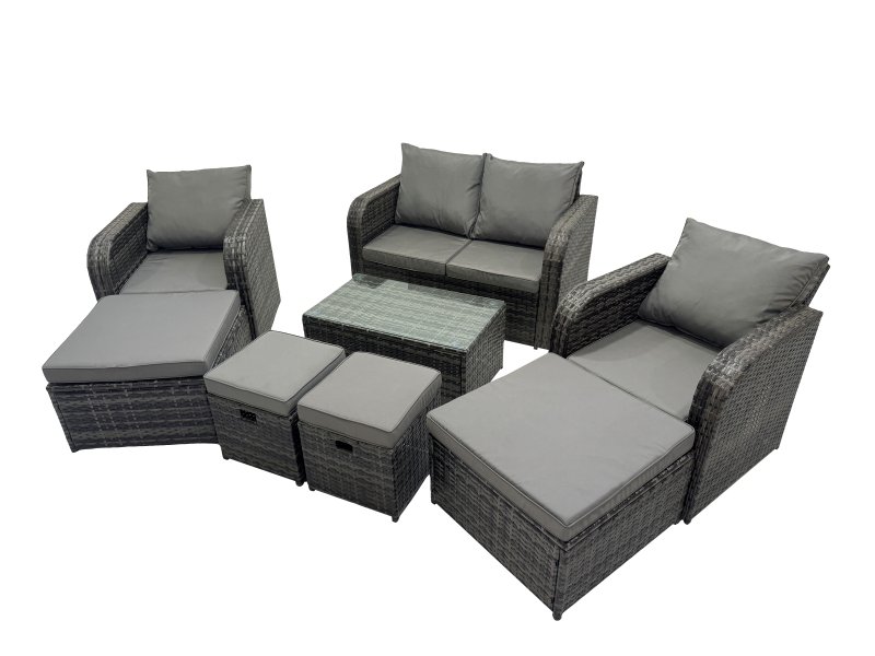 Fimous Outdoor Love Sofa Reclining Chair Coffee Table Set Garden Rattan Furniture Set 8 Seater with 4 Stools Dark Grey