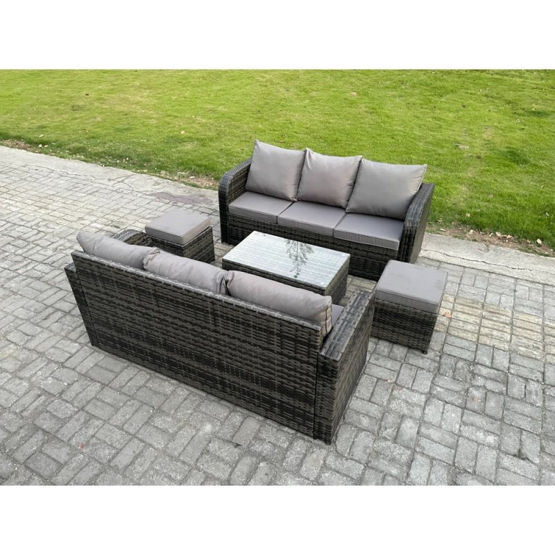 Fimous Outdoor Garden Furniture Sets 8 Seater Wicker Rattan Furniture Sofa Sets with Rectangular Coffee Table 3 Seater Sofa 2 Small Footstools Dark Grey Mixed