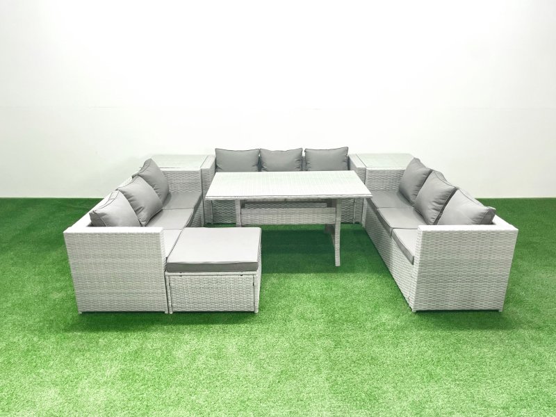Fimous Rattan Garden Outdoor Furniture Set 10 Seater Garden Sofa Rectangulr Dining Table Set with Big Footstool 2 Side Tables Light Grey Mixed
