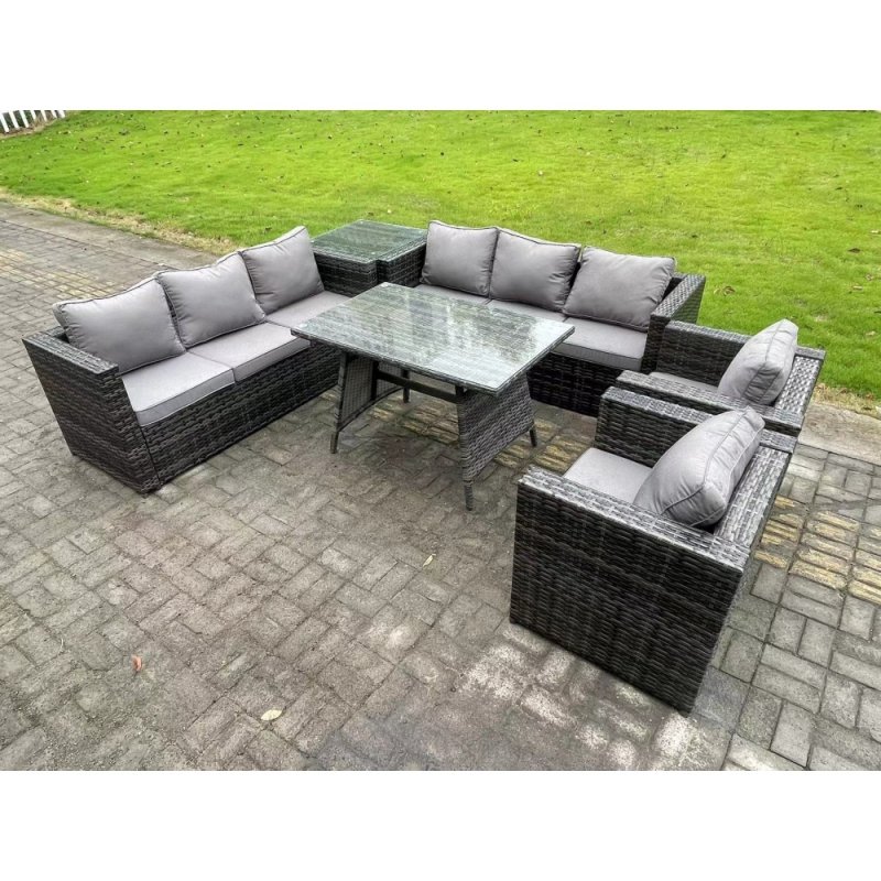 Fimous Rattan Outdoor Furniture Sofa Garden Dining Set with Patio Dining Table 2 Armchairs Side Table 8 Seater Dark Grey Mixed