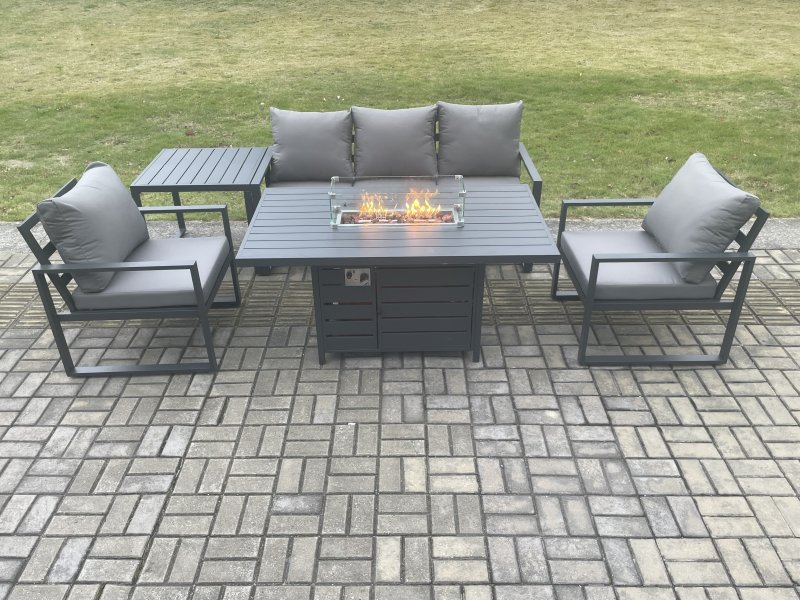 Fimous Aluminium Outdoor Garden Furniture Set Gas Fire Pit Dining Table Set Gas Heater Burner with 2 Arm Chair Side Table Dark Grey 5 Seater