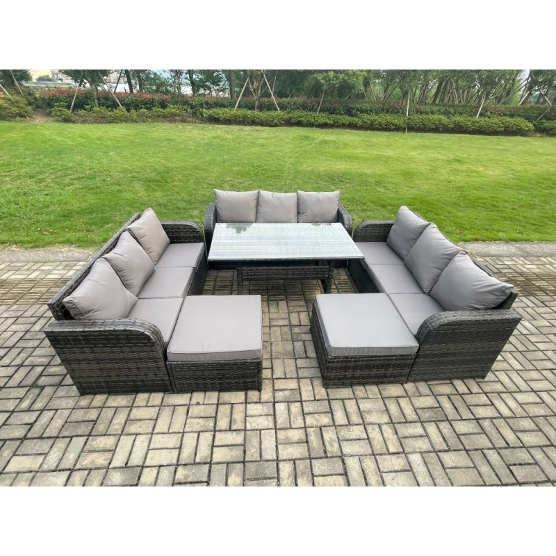 Fimous Patio Rattan Garden Furniture Set with Oblong Rectangular Dining Table 11 Seater Outdoor Lounge Sofa Set Dark Grey Mixed