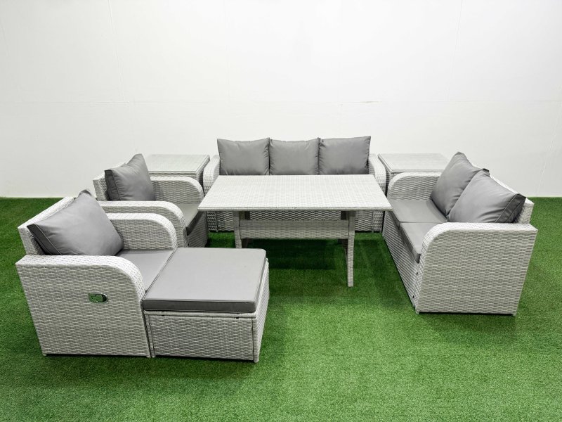 Fimous PE Rattan Garden Furniture Set Reclining Chair Sofa Double Love Seat 2 Seater Sofa Lounge Set Rectangular Dining Table Big Footstool 2 Side Table Light Grey