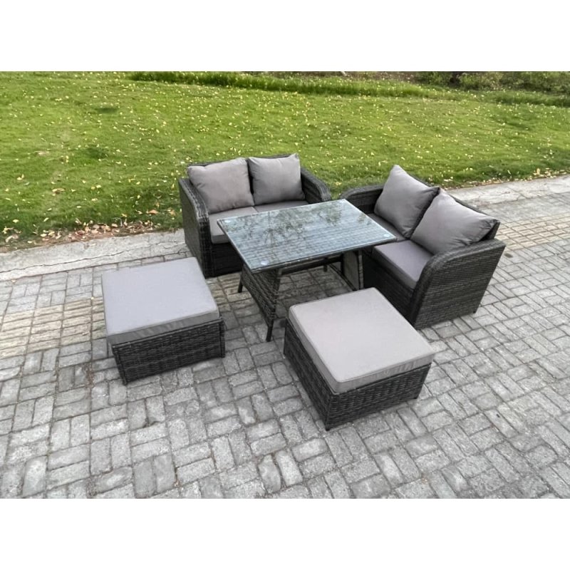 Fimous Outdoor Garden Furniture Sets 5 Pieces Wicker Rattan Furniture Sofa Sets with Rectangular Dining Table Love Sofa 2 Big Footstool