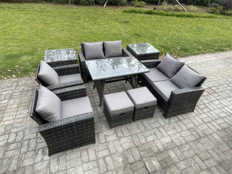 Fimous Garden Furniture Sets 9 Pieces Wicker Rattan Furniture Manual Wicker Patio Sofa Patio Conversation Set with 2 Small Footstools 2 Side Tables Dark Grey Mixed