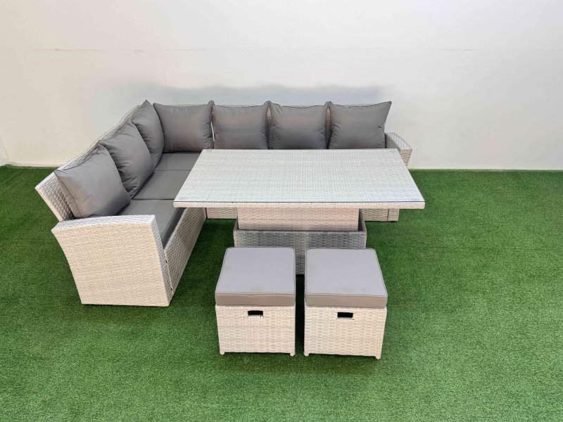 Fimous 8 Seat Rattan Outdoor Garden Furniture Corner Sofa Set Adjustable Lifting Dining or Coffee Table Set with Armchair 2 Small Footstools Light Grey