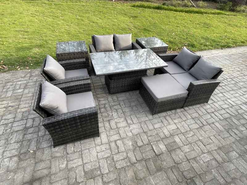 Fimous Rattan Garden Furniture Sets Patio Outdoor Rising Lifting Table Sofa Set with Double Seat Sofa 2 Side Tables Big Footstool Dark Grey Mixed