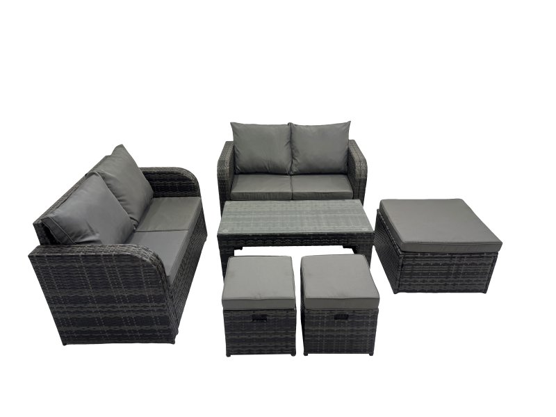 Fimous 3 Seater Sofa Reclining Chair Coffee Table Set Rattan Garden Outdoor Furniture Set with 3 Stools Dark Grey Mixed