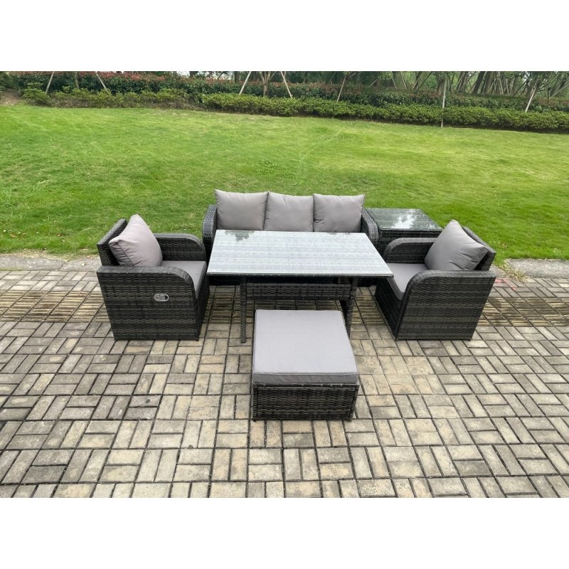 Fimous Wicker PE Rattan Garden Furniture Set Outdoor Rectangular Dining Table and Chair Sofa Set With Side Table Big Footstool Dark Grey Mixed